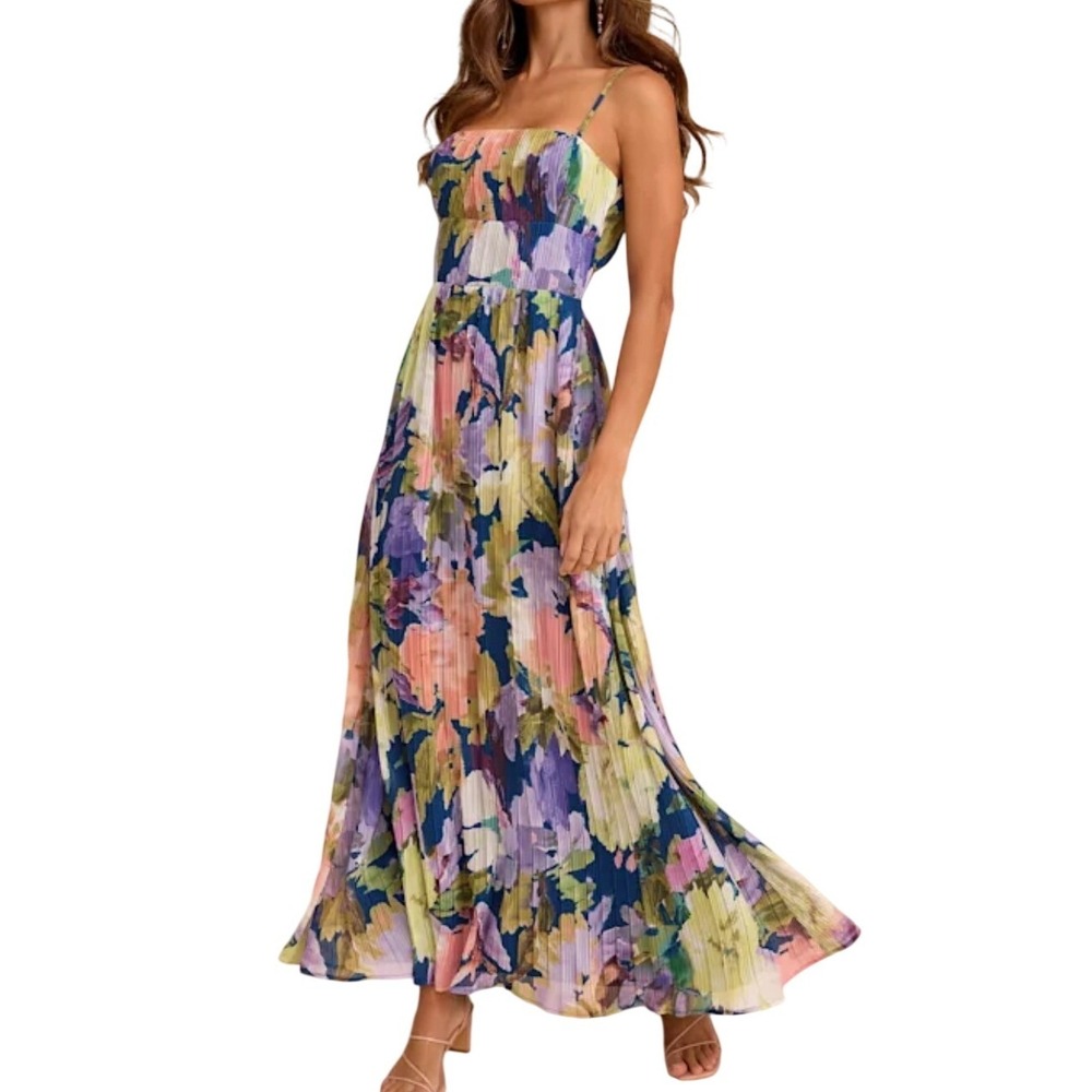 NWT Lulus Holloway Dark Blue Multi Floral Pleated Maxi Dress XS Garden Party